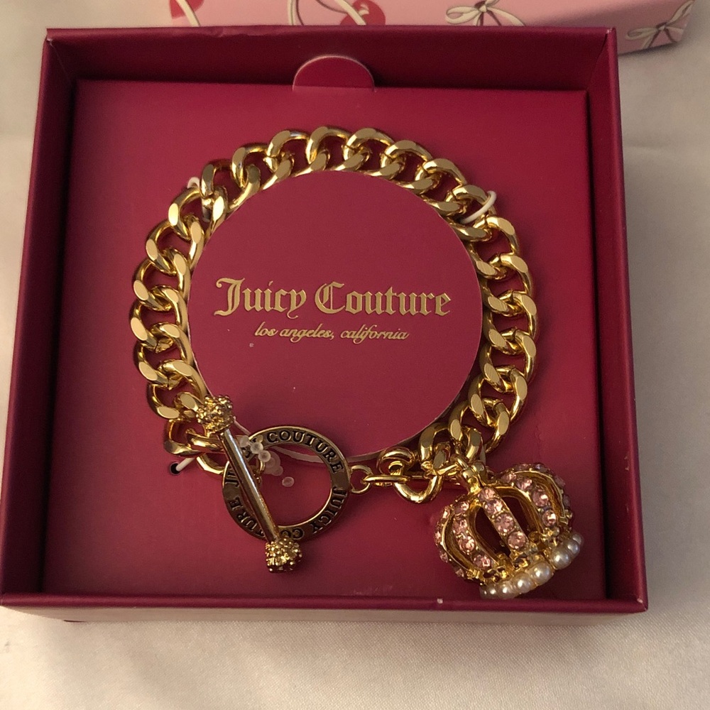 Juicy Couture Gold Tone Charm Bracelet Crown Charm Faux Pearl Crystal NIB